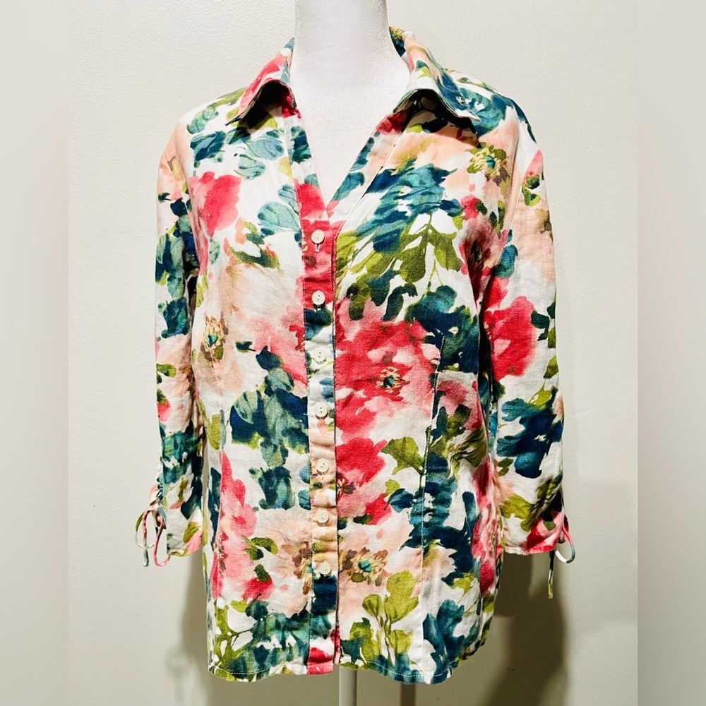 JM Collection linen shirt watercolor floral spring beach resort summer Women’s 8